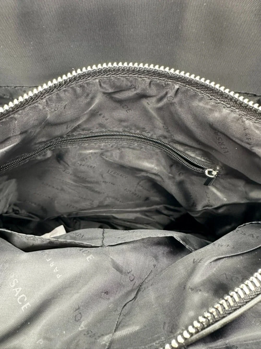 Versace Parfums Nylon Canvas Fashion Tote Bag Detachable Strap Black/Silver Tone